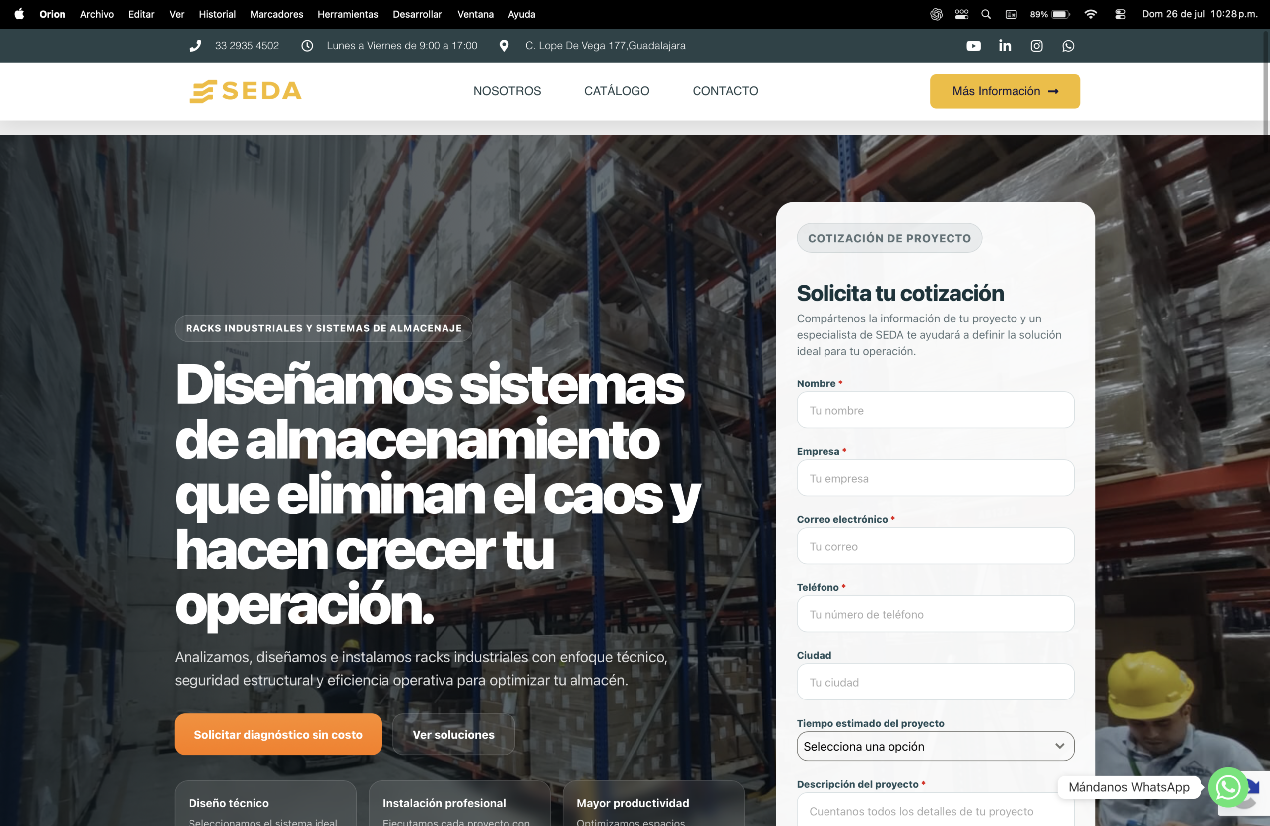 Proyecto de sitio web para SEDA almacenamiento industrial