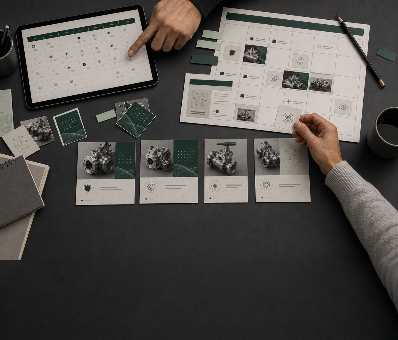 Equipo organizando un calendario de contenido para redes sociales